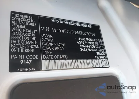 2021 Mercedes-Benz Sprinter 2500 High Roof V6 z USA, uszkodzony, nr VIN W1Y4ECHY5MT079714